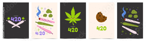 Kawaii Cannabis poster or greeting card set with cute marijuana leaves, joints and cookies in hand drawn doodle style. 420 Weed Culture Vector Illustrations