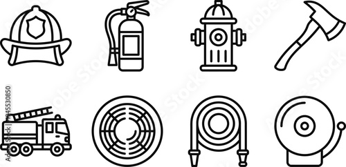 TITLE:
Firefighting equipment and fire safety line icon set. Firefighter gear, extinguisher, hydrant, truck, hose, and alarm vector illustration for emergency rescue and protection concepts.
