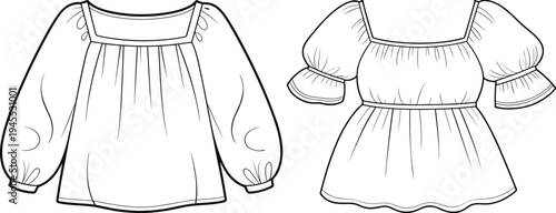 Black and white fashion illustration of women’s puff sleeve tops with square neckline, button shoulder details, scalloped hem, pleated bodice, stylish garment construction sketch