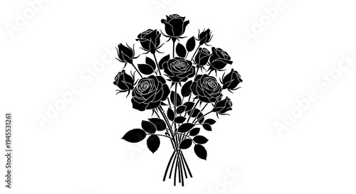Black Silhouette Bouquet of Roses with Leaves on White Background