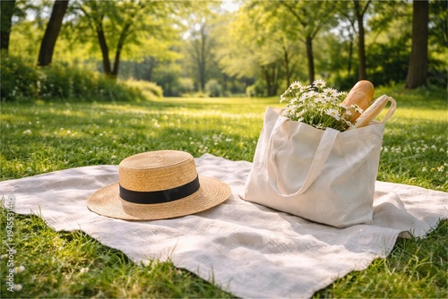 Cozy spring picnic with straw hat and flowers on the grass