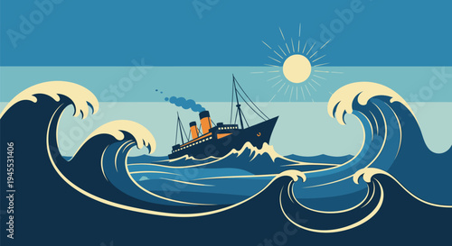 Vector illustration of ship sailing through waves, sunny ocean scene