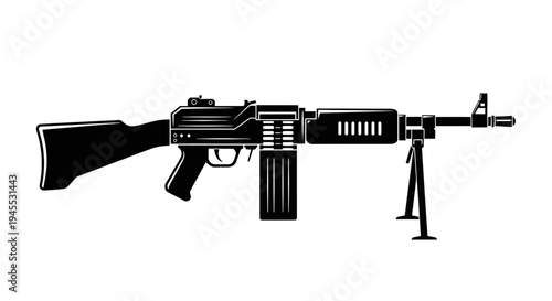 Black Silhouette of a Machine Gun with Bipod on White Background