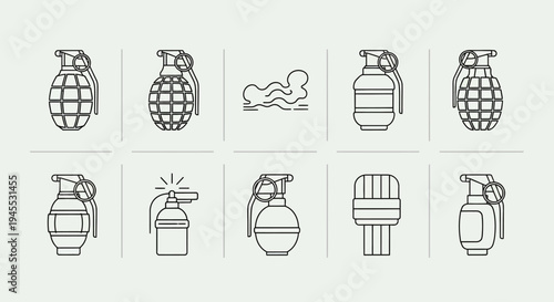 Explosive Grenade Icons Set: Military Weapons, Danger Symbols, and Warfare Graphics