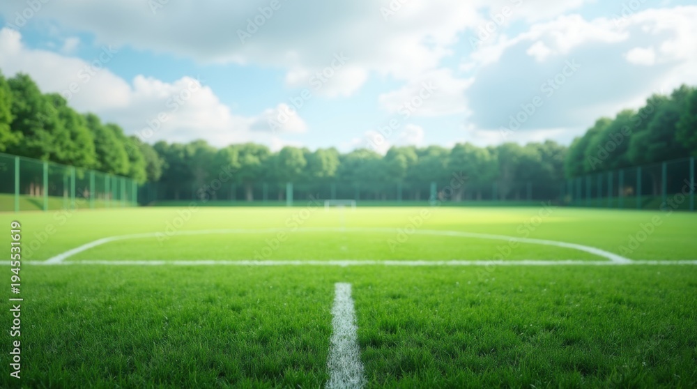 Obraz premium Freshly Cut Green Grass Field with White Line Marking Under Cloudy Sky in a Sports Complex Setting 