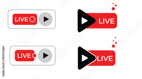 Live Streaming Play Button Icon Set – Red Live Badge Video Broadcast UI Symbols