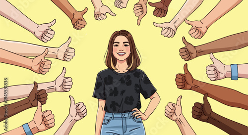Happy Young Woman Surrounded by Diverse Hands Giving Thumbs Up and Pointing, Symbolizing Approval, Support, and Social Media Engagement on a Bright Yellow Background Vector Illustration