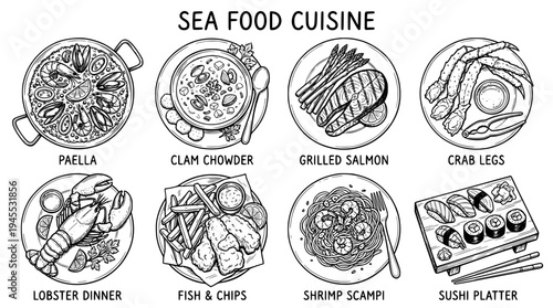 Set of 8 sea food cuisine. hand drawn style. black and white line art drawing, no color, no shading
