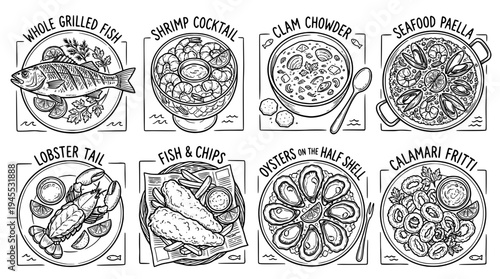 Set of 8 sea food cuisine. hand drawn style. black and white line art drawing, no color, no shading
