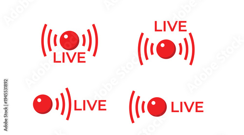 Live Broadcast Signal Icon Set – Red Live Streaming Indicator Symbols for Video and Media