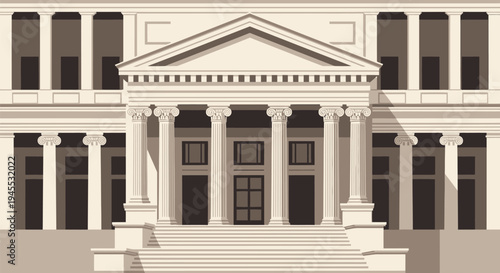 Neoclassical Building Facade, Greek Revival Architecture, Institutional Design, Beige Columns