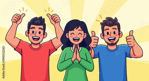 Happy Diverse Group of Three Young People Cheering and Showing Thumbs Up, Expressing Joy, Success, and Agreement in a Vibrant Cartoon Vector Illustration