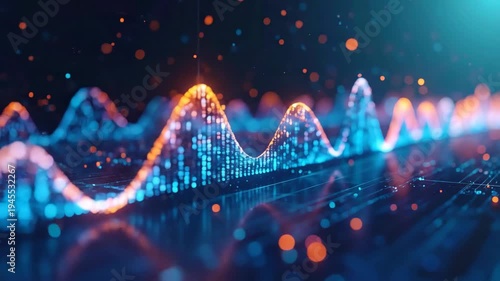 Digital Data Visualization with Vibrant Colorful Waveforms and Particles.