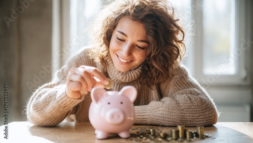 Woman saving money putting coin into pink piggy bank.