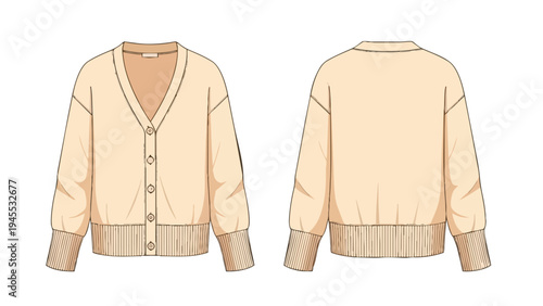 Detailed front and back flat sketch of a classic beige v-neck button-down cardigan with ribbed cuffs and hem. Essential fashion technical drawing