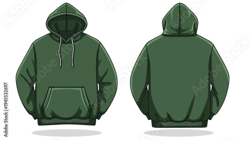 Classic Olive Green Hoodie Front and Back View Illustration for Casual Apparel Mockup Design