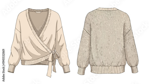 Detailed fashion flat sketch of a cozy women's v-neck wrap knit cardigan with tie closure