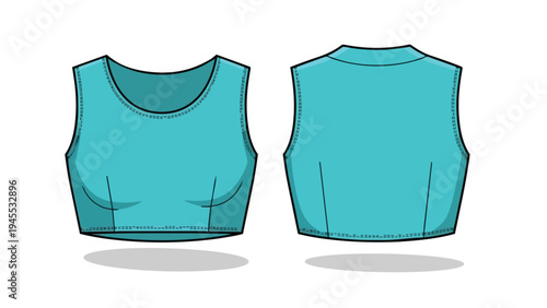 Technical fashion flat sketch of a women's stylish teal crop top, depicting front and back views, ideal for apparel design and product documentation