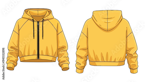 Vibrant yellow cropped full-zip hoodie design concept showcasing both front and back views a versatile piece for modern casual and athleisure
