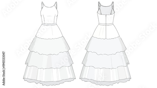 Elegant tiered dress flat sketch showcasing front and back views with flowing ruffled skirt design for fashion illustration and apparel development