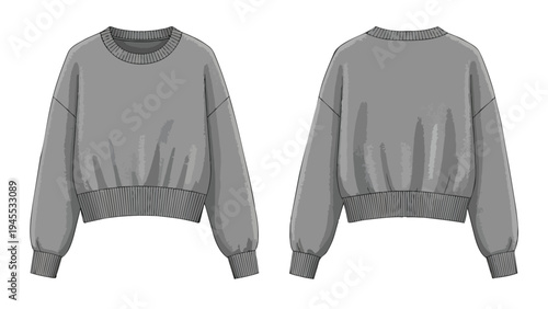 Stylish gray cropped oversized sweatshirt flat lay technical fashion drawing featuring front and back views for apparel design and trend forecasting