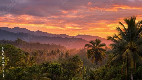 Witness a stunning sunset illuminating the lush landscape of Bali, Indonesia. The warm hues reflect on the hills and palm trees, creating a serene and peaceful atmosphere.