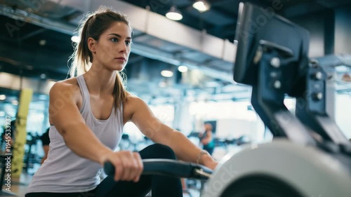 A female athlete engages in a rowing workout at a well-equipped gym. The atmosphere is energetic, with others exercising in the background. Focus on fitness and endurance.