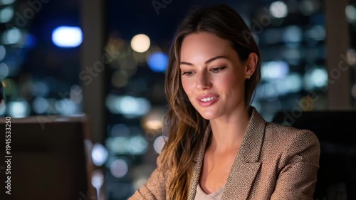 A woman sits at her desk in a contemporary office, smiling while working on her computer. Bright city lights illuminate the background as night falls.