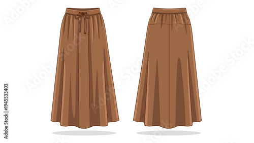 Vector illustration of a comfortable brown maxi skirt showing front and back views. It features a drawstring waist and an elasticated band, perfect