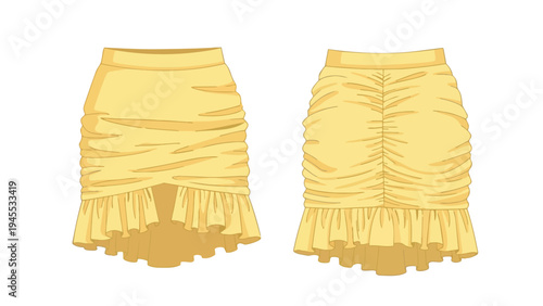 Illustrated flat sketch of a vibrant yellow mini skirt with intricate ruching and a playful ruffled high-low hem, showcasing both front and back