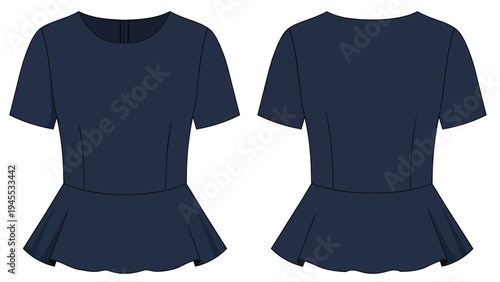 Elegant navy blue short-sleeve peplum blouse technical drawing front and back views apparel design illustration