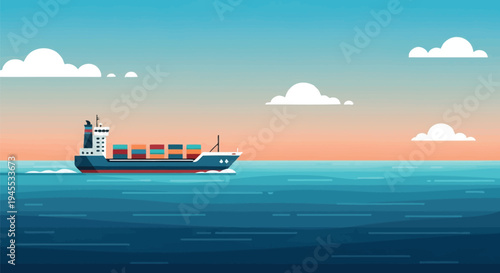 Vector illustration of cargo ship at sea with sunset background