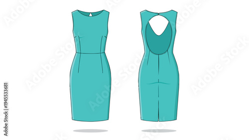Elegant teal sleeveless knee-length dress technical drawing illustration with a sophisticated deep open V-back design showcasing modern feminine