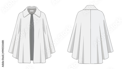 Elegant fashion illustration of a contemporary white cape garment showcasing a sophisticated collar design in both front and back views a versatile