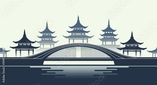 Vector illustration of Asian pagoda bridge landscape