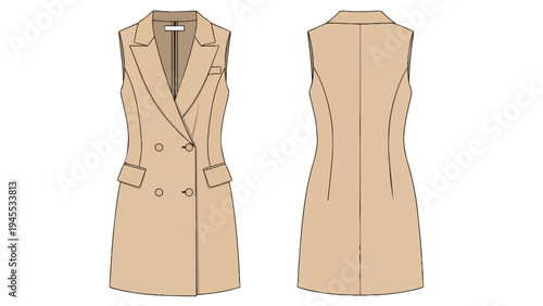 Professional technical drawing of a sleeveless tailored double-breasted long vest dress in a sophisticated beige hue, showcasing precise front and