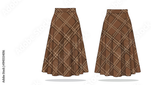 A stylish pleated midi skirt design rendered in a rich brown plaid pattern, ideal for contemporary fashion collections. A versatile classic apparel