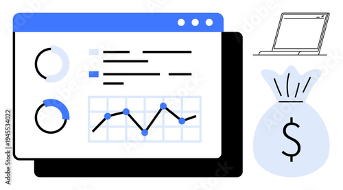 Financial analytics, business growth, market research, data visualization, profit tracking, economic planning. A dashboard with graphs and a money bag icon. Financial analytics and business growth
