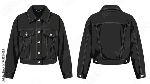 Modern minimalist black denim jacket flat technical drawing front and back views for fashion apparel design