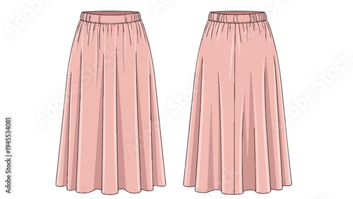 Technical fashion illustration of a graceful flowing blush pink midi skirt garment design