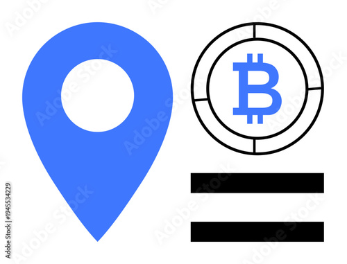 Bitcoin logo in circular outline beside a blue location pin and two horizontal lines indicating equality. Ideal for cryptocurrency, fintech, location-based services, equality, blockchain, finance