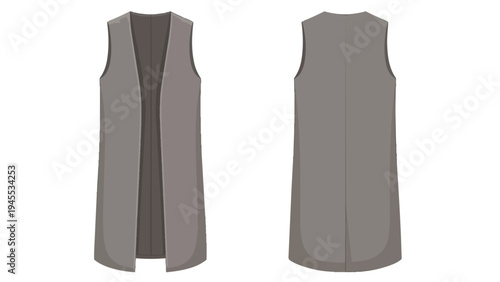 Detailed vector illustration showcasing the front and back views of a contemporary long grey sleeveless vest, ideal for fashion design, apparel