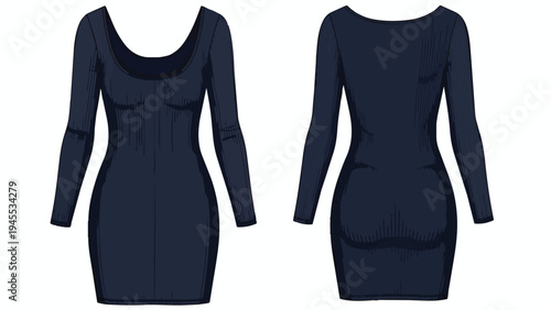 Essential technical drawing showcasing front and back views of a sleek long-sleeved scoop-neck bodycon mini dress in deep navy color, ideal for