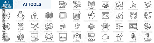 AI tools line icons set. Artificial intelligence, machine learning, neural network, chatbot, automation, data processing, prompt engineering, smart assistant and digital technology symbols. Modern out