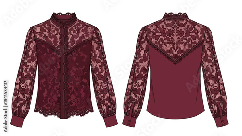 Intricate burgundy lace blouse design featuring elegant high collar and voluminous sleeves perfect for sophisticated feminine fashion apparel