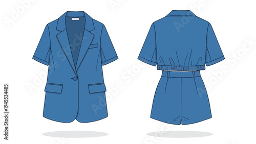 Contemporary women's fashion blueprint featuring a stylish short-sleeved blazer and coordinating comfortable tailored shorts in a vibrant azure tone