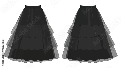 Elegant Black Tiered Maxi Skirt Technical Fashion Drawing for Garment Design Template
