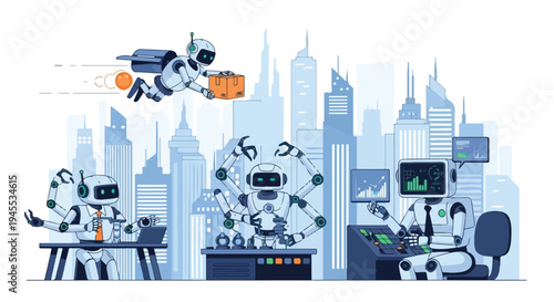 Flat 2D illustration of robots replacing humans in various jobs with automation and AI concept in a cityscape background.