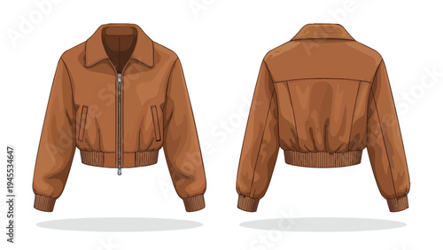 Front and back view illustration of a classic brown cropped bomber jacket a timeless fashion outerwear piece