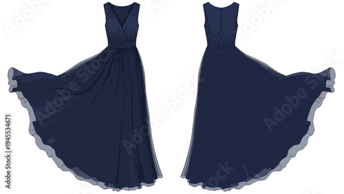 Elegant flowing navy chiffon gown with V-neck bodice and graceful skirt presented in front and back views